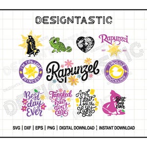 Puede incluir: Colección de diseños de descarga digital con gráficos temáticos de Rapunzel. Incluye siluetas, texto e ilustraciones de personajes y frases como "Best Day Ever" y "Tangled hair don't care."