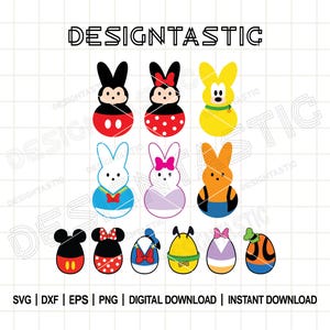 Può includere: Una collezione di design di uova di Pasqua a tema personaggi dei cartoni animati. Le uova presentano personaggi come Topolino, Minnie e Paperino, con orecchie da coniglio. L'immagine include il testo "DESIGNTASTIC".