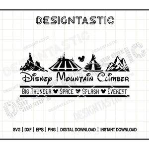 Könnte beinhalten: Schwarzweißes Silhouettendesign von Disneys Big Thunder Mountain Railroad, Space Mountain, Splash Mountain und Seven Dwarfs Mine Train mit dem Text "Disney Mountain Climber" und "Big Thunder, Space, Splash, Everest".
