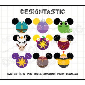 May include: Nine different Disney character Mickey Mouse ears SVG cut files. Each ear features a different character from Disney movies, including Rapunzel, Flynn Rider, and a chameleon.