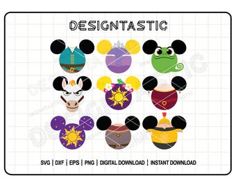 May include: Nine different Disney character Mickey Mouse ears SVG cut files. Each ear features a different character from Disney movies, including Rapunzel, Flynn Rider, and a chameleon.