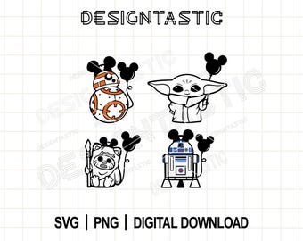 Paquete SVG de Star Wars, Yoda SVG, Globo de ratón SVG, BB8 SVG, Orejas de R2D2, Ewok SVG, Archivo de corte para Cricut SVG