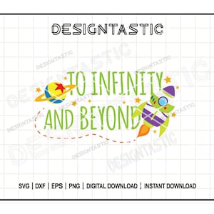 以下が含まれることがあります： 赤色の星と、赤色の星が描かれた青い惑星がついた、緑色、紫色、黄色のロケット。 「To Infinity and Beyond」という文字が緑色の文字で書かれています。