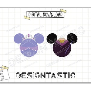 May include: Digital download of two purple and blue mouse head silhouettes. One mouse has a crown and the other has a purple and yellow witch hat. The text "DESIGNTASTIC" is below the images.