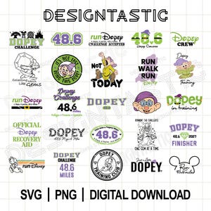 May include: A digital download graphic featuring various designs related to the Dopey Challenge, including text and cartoon characters. The designs include the text "Dopey Challenge 48.6 miles" and images of the seven dwarfs.