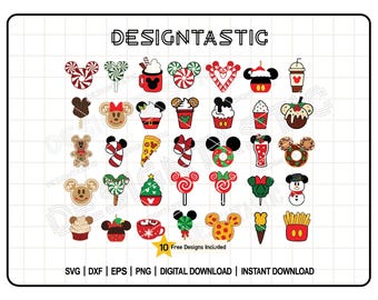 Op de afbeelding: Een verzameling kleurrijke digitale ontwerpen met Mickey Mouse-thema's, vakantietraktaties en iconen. Inclusief peperkoek, lolly's en warme chocolademelk. De tekst "DESIGNTASTIC" staat bovenaan, met "10 Free Designs Included" onderaan.