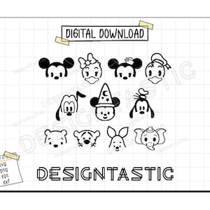 Pacchetto di sagome di volti di amici topi in formato SVG, sagome di amici carini in formato SVG, cappello da stregone, Winnie the Pooh, Tigro, Paperino, file di taglio SVG per Cricut