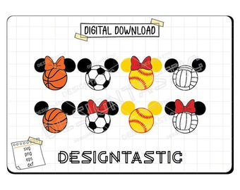 Paquete de orejas de ratón deportivas SVG, orejas de ratón de fútbol SVG, orejas de baloncesto SVG, orejas de voleibol SVG, orejas de béisbol SVG, archivo de corte para Cricut