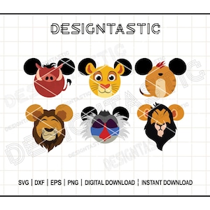 May include: A digital download graphic featuring six cartoon animal faces with Mickey Mouse ears. The characters include a warthog, lion cub, meerkat, lion, hyena, and a lion with a black mane. The text "DESIGNTASTIC" is at the top.