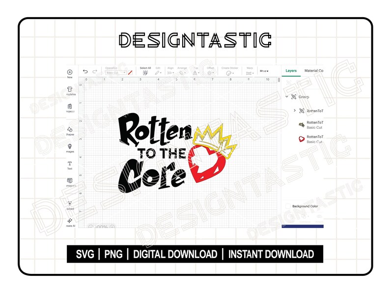 May include: Digital design featuring the text "Rotten to the Core" in a bold, stylized font, with a heart and crown graphic. The design is available as an SVG, PNG, and for digital and instant download.