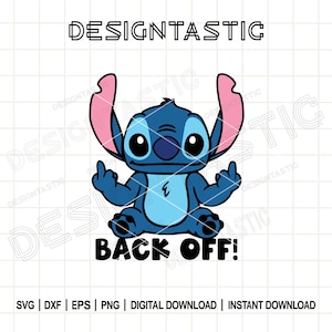 Può includere: Un personaggio dei cartoni animati blu con grandi orecchie e un gesto del dito medio, con la scritta "BACK OFF!" in grassetto nero. L'immagine include anche la scritta "DESIGNTASTIC" in alto.