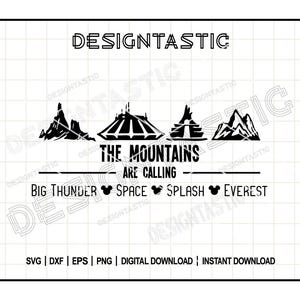 May include: Black and white silhouette design of four roller coasters with the text "The Mountains Are Calling" and the names of the coasters: Big Thunder, Space, Splash, and Everest.