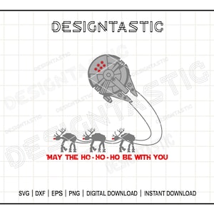 Puede incluir: Un diseño digital que presenta una nave espacial tirada por renos, con el texto "MAY THE HO-HO-HO BE WITH YOU". El diseño es en gris y rojo, con la palabra "DESIGNTASTIC" en la parte superior.
