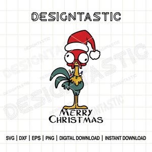 Puede incluir: Un gallo de dibujos animados con un gorro de Papá Noel y luces navideñas, con el texto "MERRY CHRISTMAS" debajo. La palabra "DESIGNTASTIC" está en la parte superior. La imagen es una descarga digital.