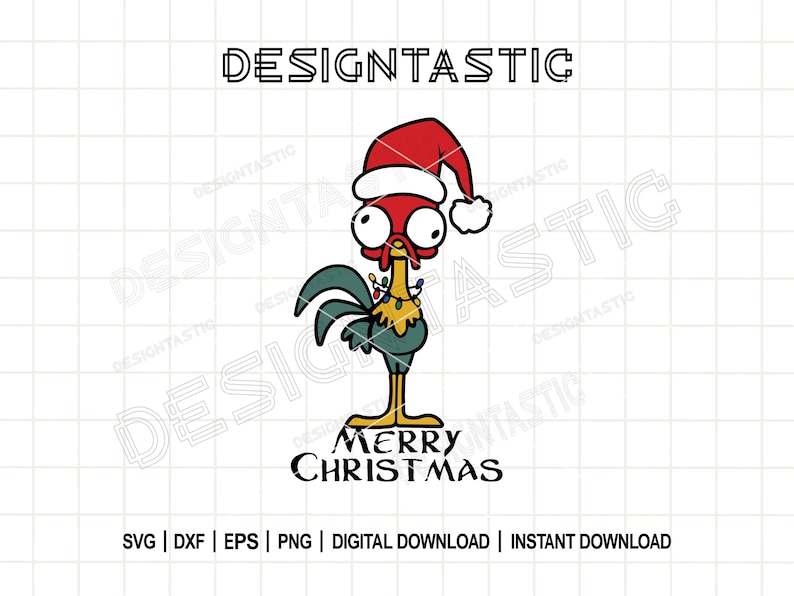 May include: A cartoon rooster wearing a Santa hat and Christmas lights, with the text "MERRY CHRISTMAS" below. The word "DESIGNTASTIC" is at the top. The image is a digital download.
