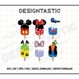 Può includere: Sei diversi design di ghiaccioli con personaggi. I ghiaccioli sono rossi, blu, verdi, gialli, viola e bianchi con vari design di personaggi. I ghiaccioli sono su uno sfondo a griglia bianco e nero.