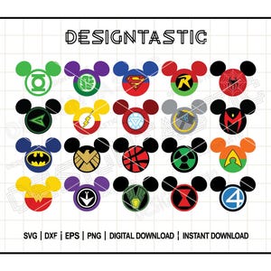 May include: A set of 20 colorful Mickey Mouse head silhouettes with various superhero logos inside. The logos include: Green Arrow, Hulk, Superman, Robin, Spider-Man, Hawkeye, Iron Man, Thor, Aquaman, Batman, Captain America, The Flash, Black Widow,  Deadpool,  Ant-Man,  Doctor Strange,  The Punisher,  and Fantastic Four.
