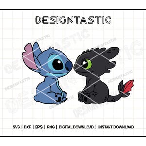 May include: A digital graphic featuring two cartoon characters: a blue alien with large ears and a black dragon with green eyes. The text "DESIGNTASTIC" is at the top, with file type options below. The characters are facing each other.