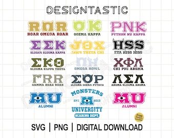 Paquete de logotipos de fraternidades en formato SVG, OK SVG, Mike SVG, Monsters Frat SVG, MU SVG, Monsters Sorority SVG. Ideal para proyectos de Cricut.