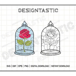 Rosa incantata PNG, Vetrata La bella e la bestia SVG, Racconto antico come il tempo Clipart, File Cricut della principessa Belle, Arte fiabesca