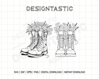 Blommiga stridsstövlar, militära stridsstövlar svg-paket, militär png, blommiga stövlar clipart, militär make/maka, fru, militär mamma, stöd