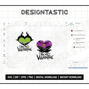 Pu&ograve; includere: Un design digitale con due cuori con il testo "Be My Villaintine" in bianco e nero. I cuori sono verdi e viola con contorni neri. Il design &egrave; su uno sfondo bianco con una griglia.
