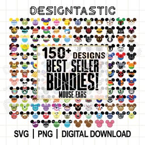Könnte beinhalten: Eine digitale Sammlung von über 150 bunten Mausohr-Symbolen mit verschiedenen Charakterthemen. Der zentrale Text lautet DESIGNTASTIC, 150+ DESIGNS BEST SELLER BUNDLES! MOUSE EARS, SVG | PNG | DIGITAL DOWNLOAD. Die Symbole sind in einem Raster angeordnet.