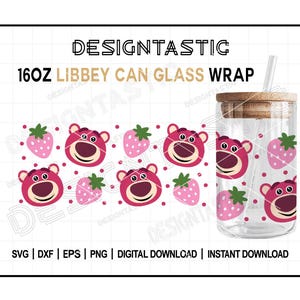 May include: A digital download design for a 16 ounce Libby can glass wrap featuring a repeating pattern of pink strawberries and cartoon bears with pink noses. The design is shown on a clear glass with a wooden lid.