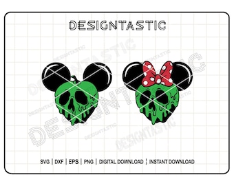 Könnte beinhalten: Zwei Grafikdesigns mit schädelartigen Äpfeln mit schwarzen Mäuseohren. Einer ist einfach grün, der andere hat eine rote Schleife mit weißen Punkten. Der Text "DESIGNTASTIC" befindet sich oben.