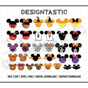 May include: A set of 24 Halloween-themed SVG cut files featuring Mickey Mouse and Minnie Mouse dressed in various costumes, including ghosts, pumpkins, witches, and spiders. The text "DESIGNTASTIC" is at the top of the image.