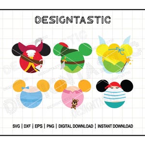 May include: Set of 7 colorful cartoon character head silhouettes. The characters include Peter Pan, Captain Hook, Tinkerbell, a mermaid, a pirate, a princess, and a bear. The characters are all in a circle and are all facing forward. The background is white.