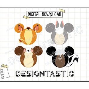 May include: Digital download graphic featuring four animal-themed designs. The designs include a deer, a rabbit, a fox, and a skunk, each with Mickey Mouse ear shapes. The text "DIGITAL DOWNLOAD" and "DESIGNTASTIC" are also present.