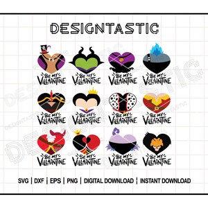 Pu&ograve; includere: Dodici diversi design di cuori a tema San Valentino con i cattivi Disney. Ogni cuore ha il viso di un cattivo diverso e il testo "Be My Villain-tine".