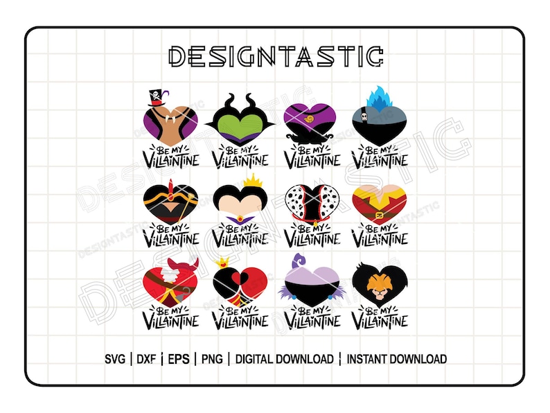 Pu&ograve; includere: Dodici diversi design di cuori a tema San Valentino con i cattivi Disney. Ogni cuore ha il viso di un cattivo diverso e il testo "Be My Villain-tine".
