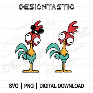 May include: Two cartoon rooster illustrations with red combs, black accents, and large, expressive eyes. The roosters have teal wings, yellow and orange bodies, and are standing. The text "DESIGNTASTIC" is at the top, and "SVG | PNG | DIGITAL DOWNLOAD" is at the bottom.