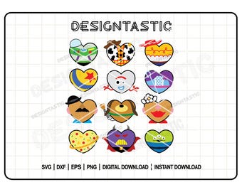 Pacchetto di cuori di Toy Story SVG, 12 disegni di cuori ispirati a Toy Story SVG, cuore di San Valentino SVG, clipart di San Valentino, file di taglio SVG per Cricut