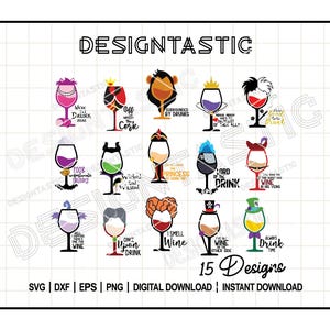 Villains Wine Quotes Glass Bundle SVG, Drinking World, Wine Glasses Bundle, Glass Cup Svg, Cartoon Characters, SVG Cut File For Cricut