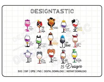 Villains Wine Quotes Glass Bundle SVG, Drinking World, Wine Glasses Bundle, Glass Cup Svg, Cartoon Characters, SVG Cut File For Cricut