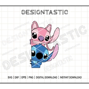 May include: A digital download graphic featuring the characters Stitch and Angel from Lilo & Stitch. Angel is pink, and Stitch is blue. The word "DESIGNTASTIC" is at the top. Below are file type options: SVG, DXF, EPS, PNG.