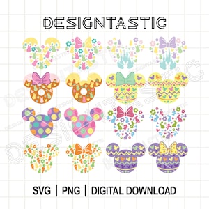 May include: A collection of colorful Mickey Mouse head designs with Easter and spring themes. The designs include patterns of bunnies, flowers, polka dots, and bows. The text "DESIGNTASTIC", "SVG | PNG | DIGITAL DOWNLOAD" is also present.