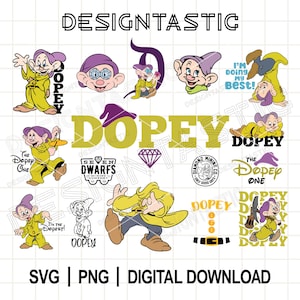 Op de afbeelding: Een verzameling digitale downloadgraphics met het personage Dopey uit Sneeuwwitje. De afbeeldingen bevatten verschillende poses van Dopey, de tekst "Dopey" en de woorden "Seven Dwarfs". De afbeelding bevat ook de tekst "SVG | PNG | DIGITAL DOWNLOAD".