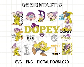 Dopey-paket svg, rolig dopey PNG, 7 dvärgar svg-paket, Snövit tecknad clipart