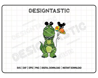 Rex som håller ballonger SVG, Dino Toy Story Svg, Pizza Planet Ballong Svg, Musballong Svg, Musöron Svg, Svg för Cricut Silhouette