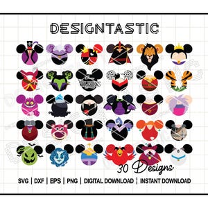 May include: A set of 30 digital designs featuring various Disney villains in a cartoon style. Each design is a silhouette of a villain's head with their signature features, such as horns, hats, or hair. The designs are perfect for crafting projects, scrapbooking, or creating personalized gifts.