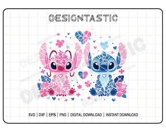 Stitch and Angel PNG SVG Bundle, Retro Ohana Cut File, Hawaii Flowers Sublimation, Cute Cricut File, Clipart Download