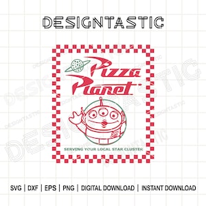 May include: A red and green Pizza Planet logo with a three-eyed alien character. The logo is framed by a red and white checkered border. Text includes "Pizza Planet" and "Serving Your Local Star Cluster."