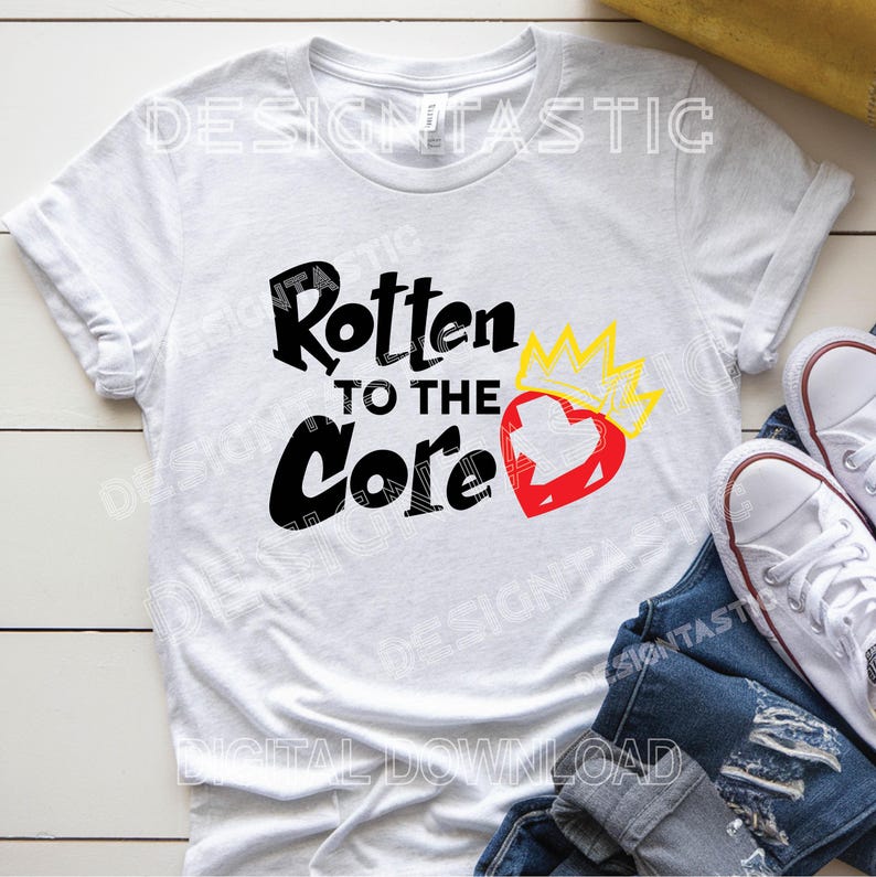 May include: White t-shirt with the text "Rotten to the Core" in black, a red heart, and a yellow crown graphic. The shirt is paired with blue jeans and white sneakers.