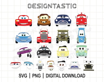 Pacchetto Cars SVG, Cars Png, Maglietta per ragazzi svg, Clipart di cartoni animati, Pacchetto di clipart di Cars Saetta McQueen Tow Mater con sublimazione, SVG per Cricut