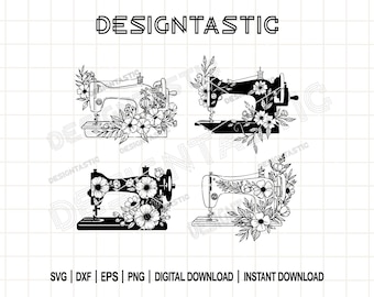 Vintage symaskin SVG-paket | Blommor hantverk rumsdekor klippfiler | Cricut Silhouette PNG | Invecklad sömnad SVG-set