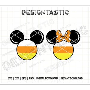 May include: Two Halloween-themed Mickey Mouse ear designs. One features a candy corn design, and the other has a candy corn design with an orange bow with white polka dots. The word "DESIGNTASTIC" is at the top.
